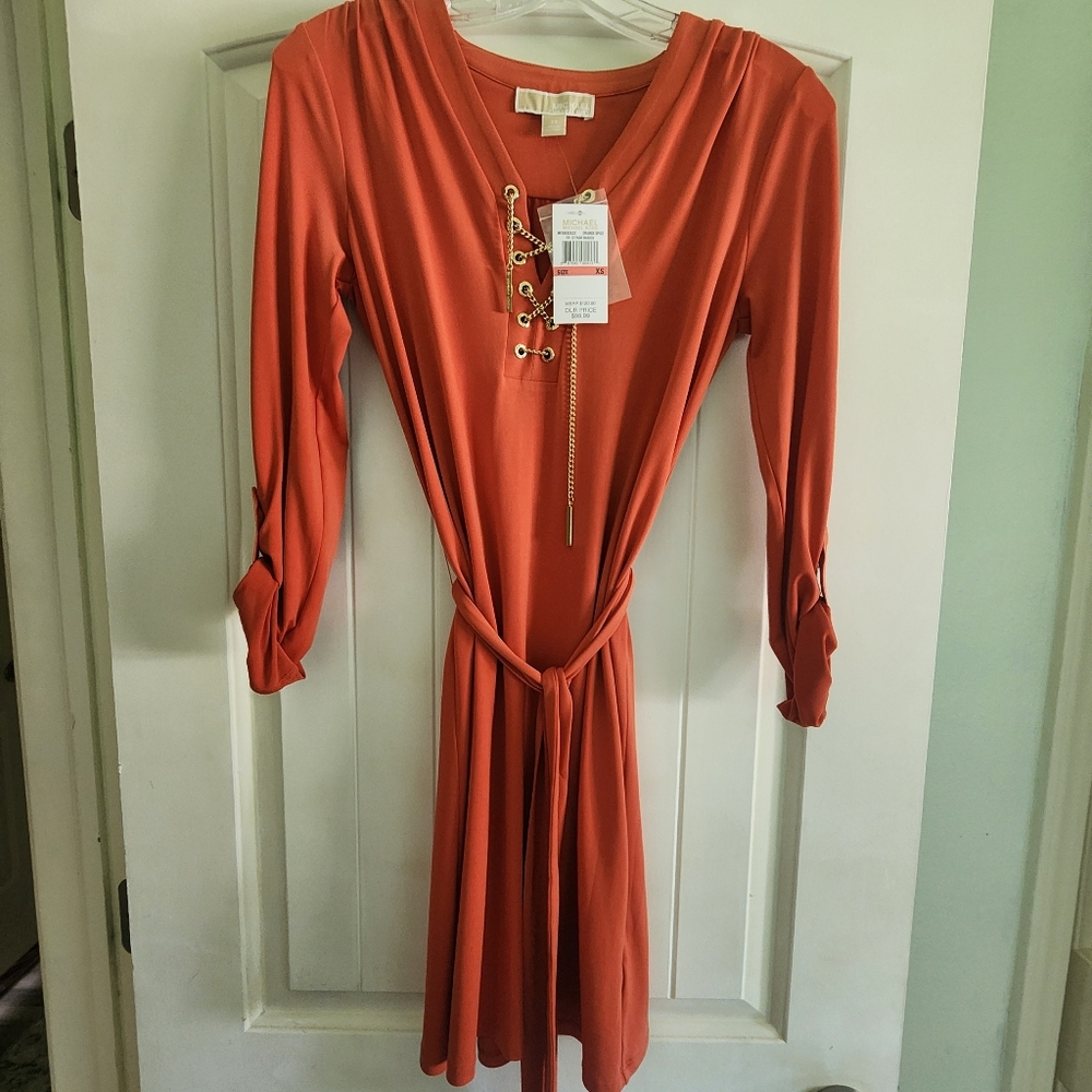 NWT Michael Kors Orange Ruched V-Neck Sundress